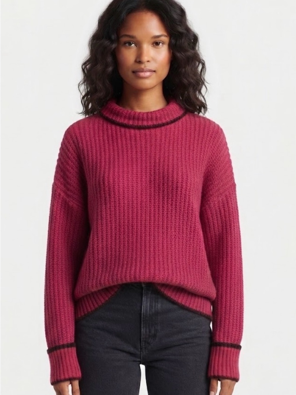 Anthropologie Berry Ribbed Mock Neck Sweater with Black Trim
